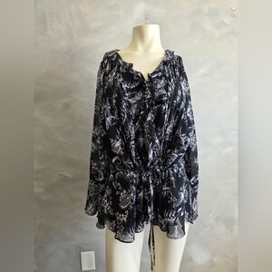 Sheer Black and White Floral Print Blouse Ruffles Flounce 18/20 Whimsigoth